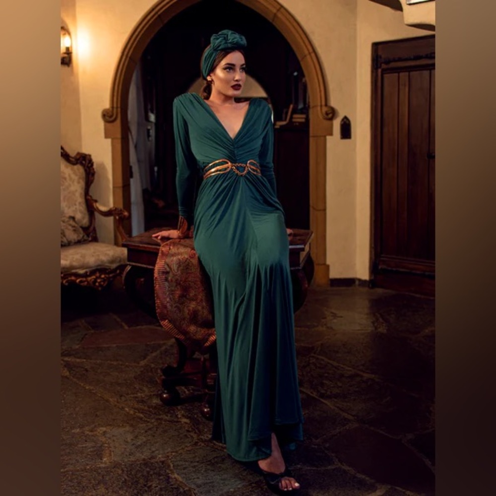 La Femme en Noir Art Deco green maxi dress. Sold out online.